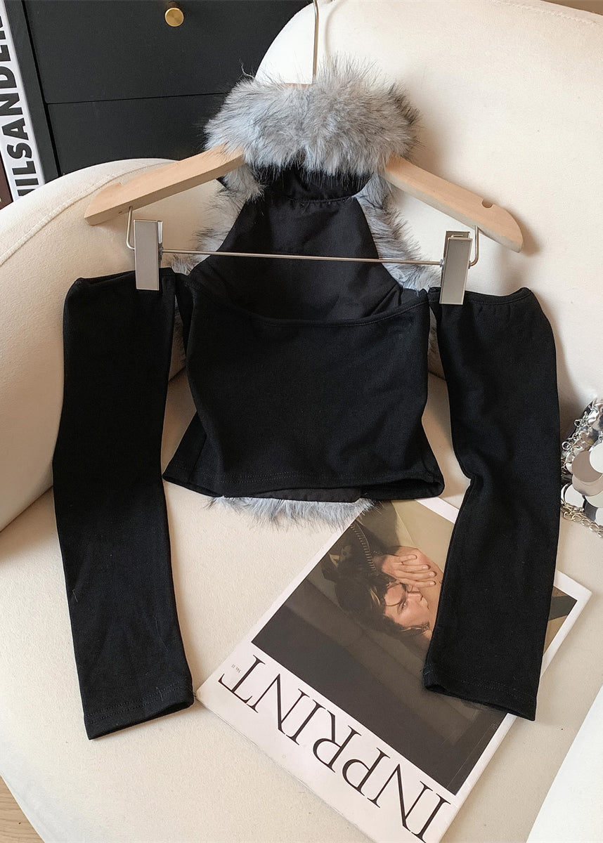 Sexy Style Blue Fur Patchwork Chic Long Sleeved Top