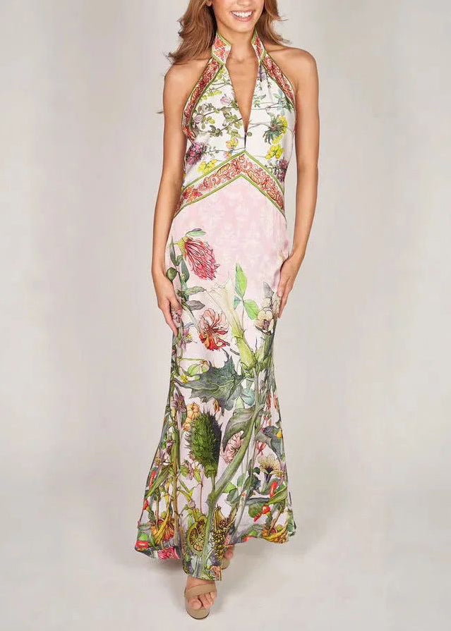 Sexy V Neck Print Cold Shoulder Long Dress Summer