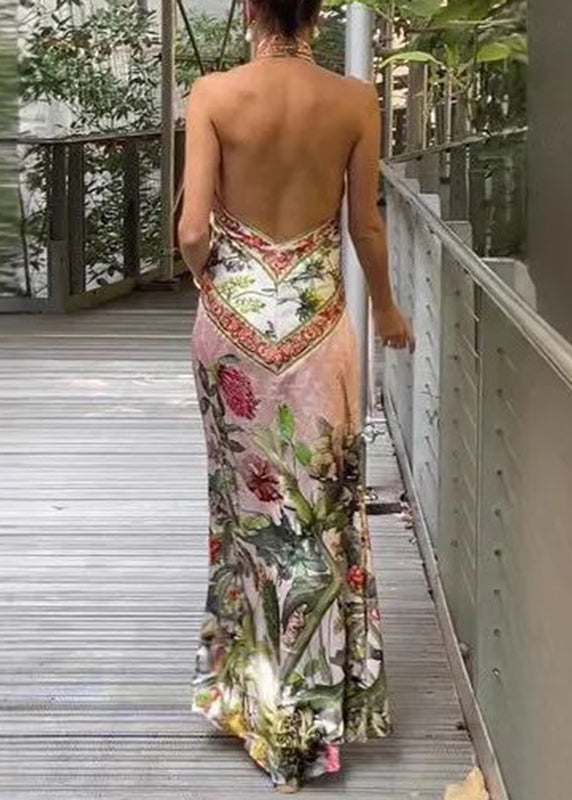 Sexy V Neck Print Cold Shoulder Long Dress Summer