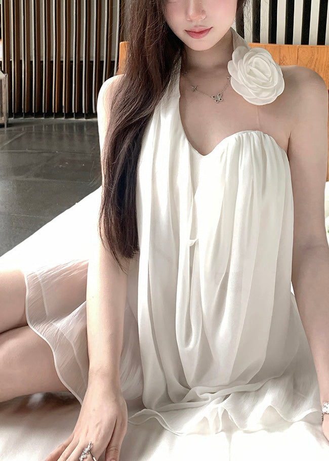 Sexy White Asymmetrical Floral Decorated Chiffon Beach Two Pieces Set Summer