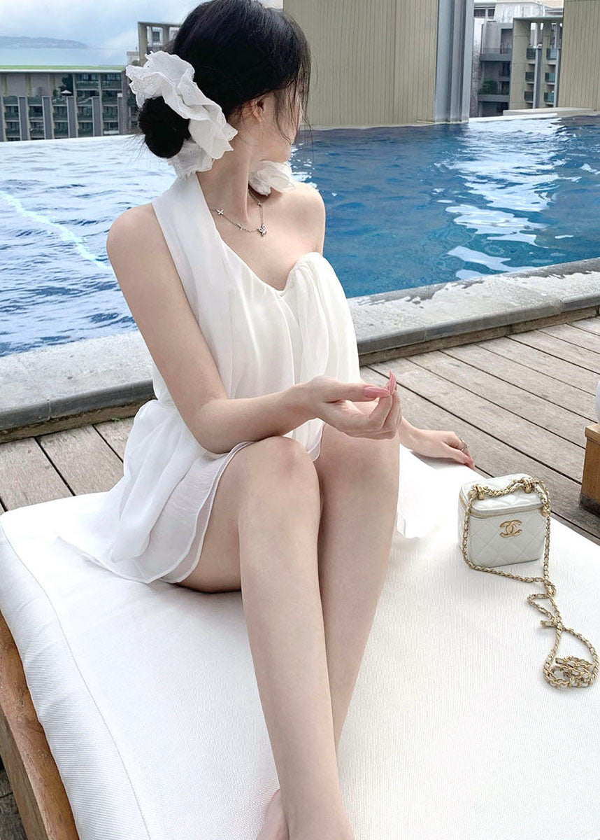 Sexy White Asymmetrical Floral Decorated Chiffon Beach Two Pieces Set Summer