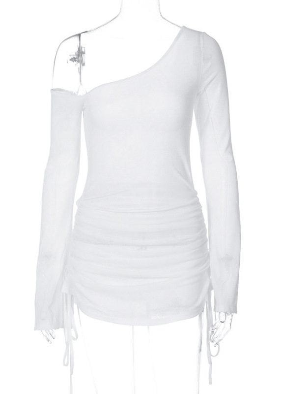 Sexy White Cold Shoulder Drawstring Cotton Mini Dress Summer