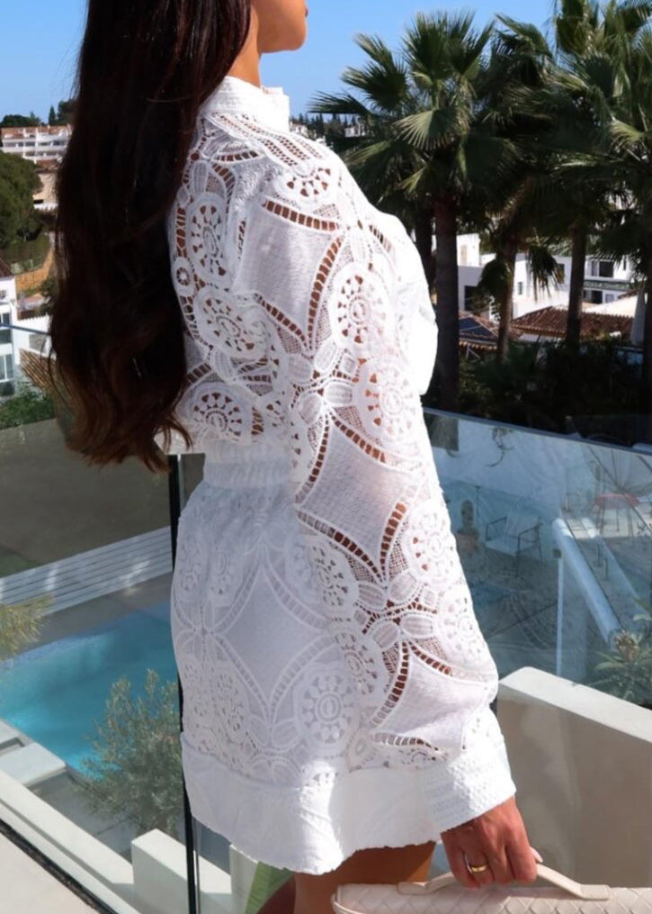 Sexy White Hollow Out Lace Two Pieces Set Spring