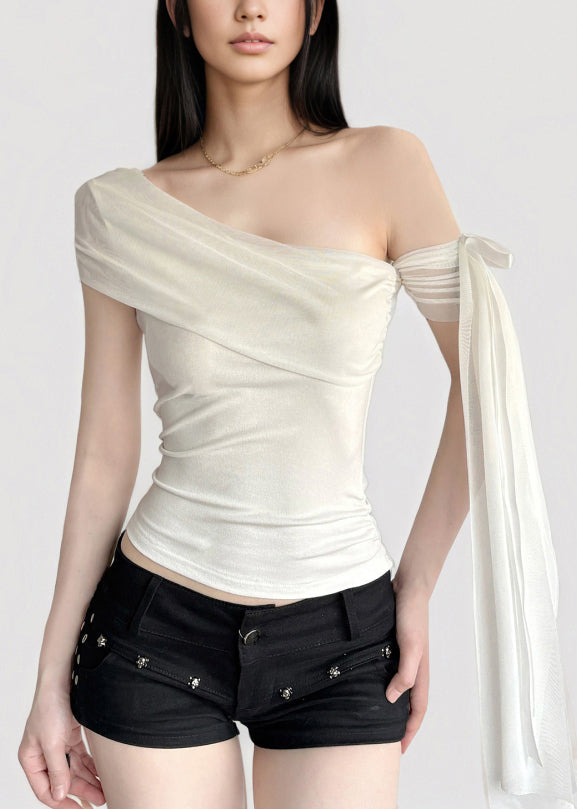 Sexy White One Shoulder Asymmetrical Tassel T Shirt Summer