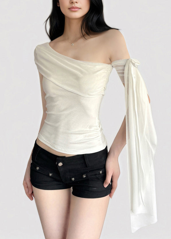 Sexy White One Shoulder Asymmetrical Tassel T Shirt Summer