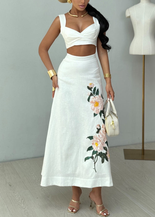 Sexy White Print High Waist Cotton Two Pieces Set Sleeveless