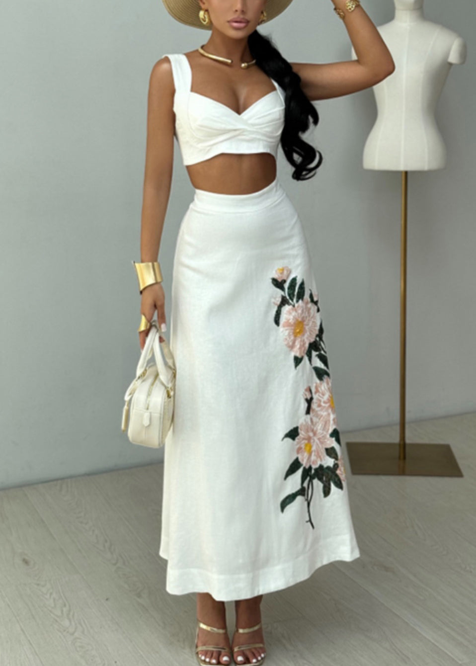 Sexy White Print High Waist Cotton Two Pieces Set Sleeveless