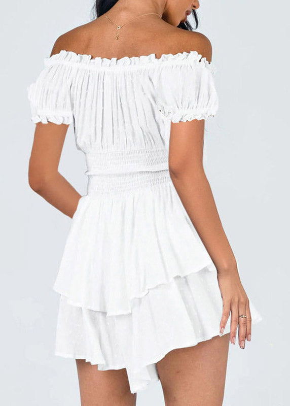 Sexy White Slash Neck Patchwork Elastic Waist Mini Dress Short Sleeve