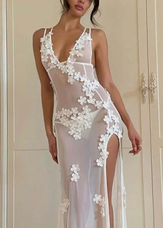 Sexy White Strapless Bikini Flower Side Open Long Swimwear Dresses