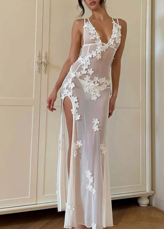 Sexy White Strapless Bikini Flower Side Open Long Swimwear Dresses