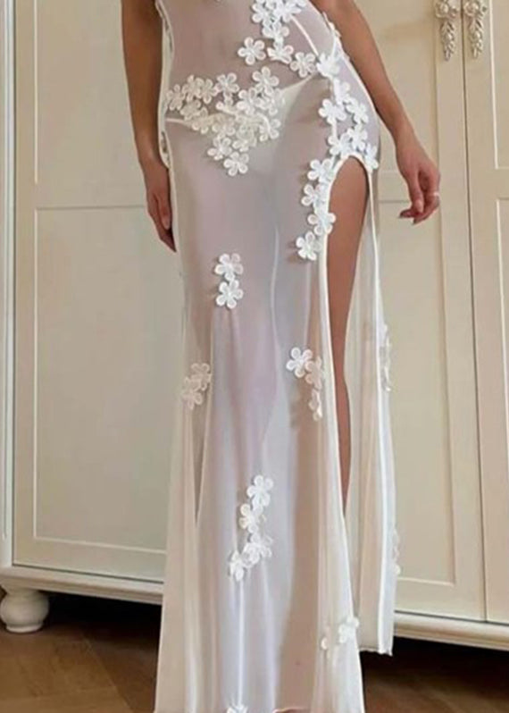 Sexy White Strapless Bikini Flower Side Open Long Swimwear Dresses