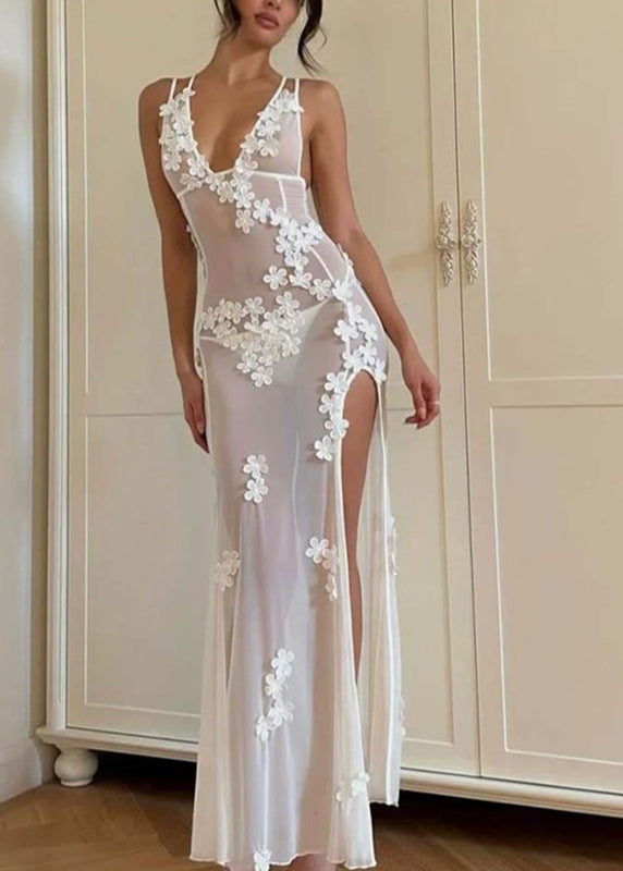 Sexy White Strapless Bikini Flower Side Open Long Swimwear Dresses