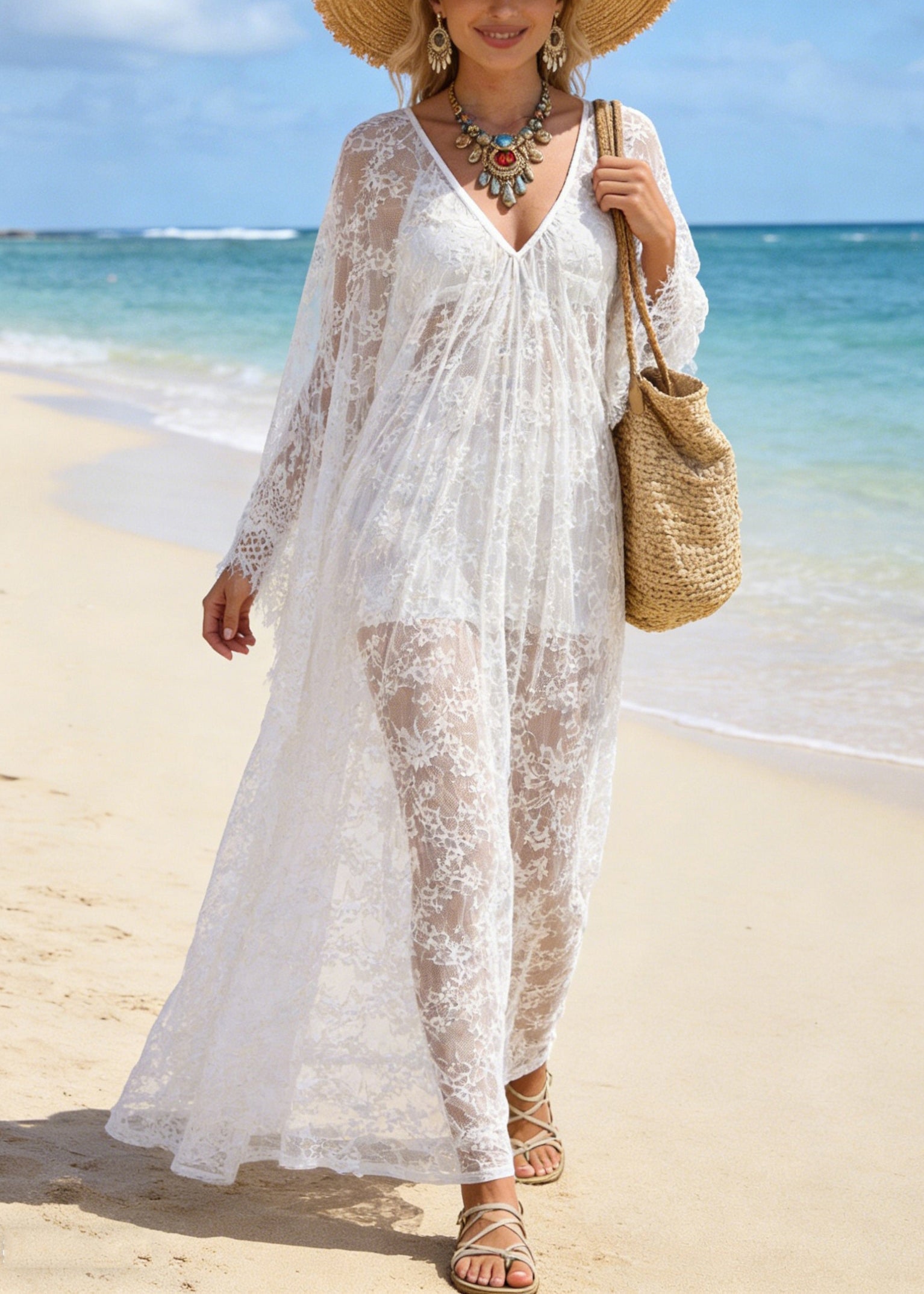 Sexy White V Neck Hollow Out Oversized Lace Vacation Dresses Summer - Omychic
