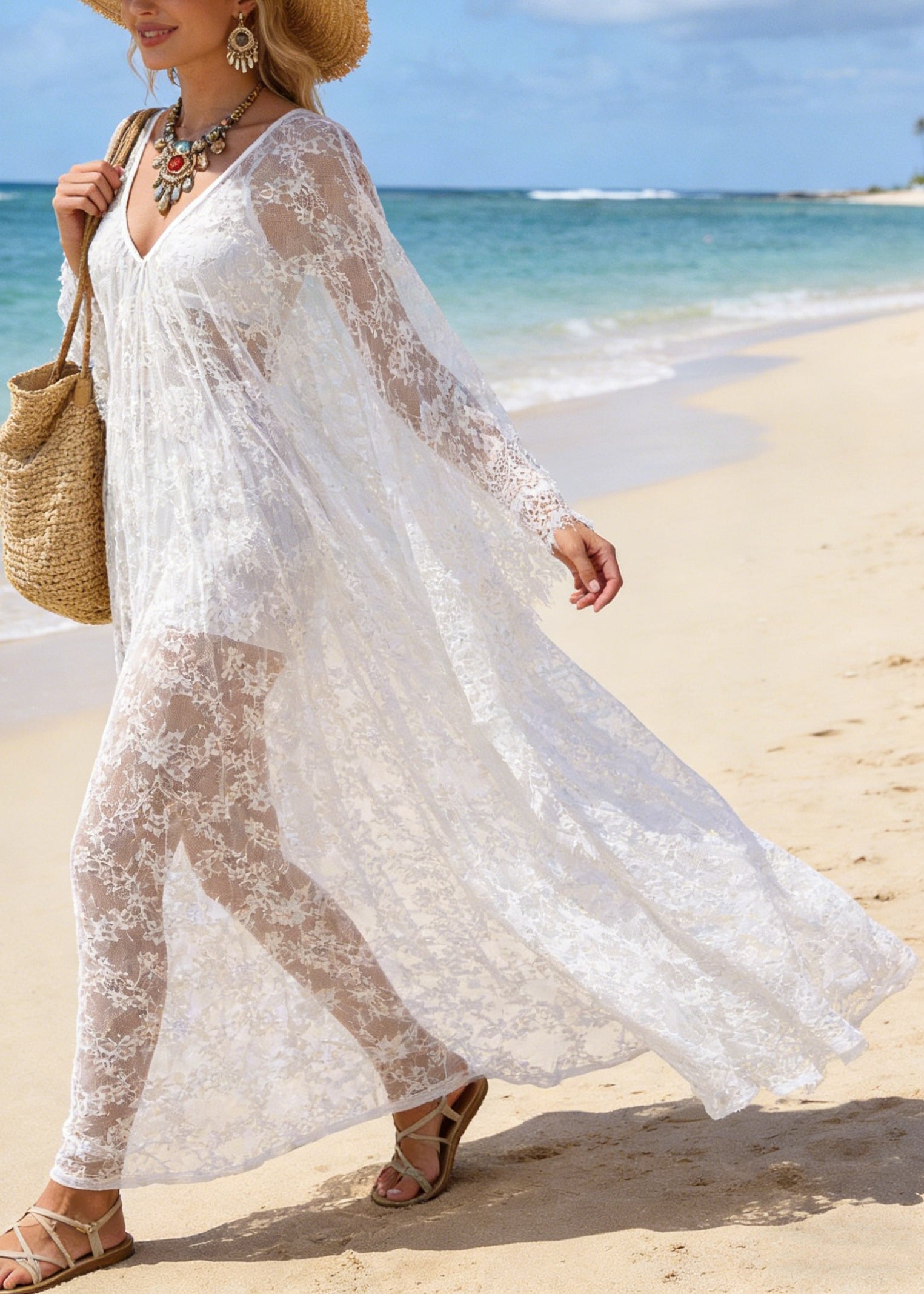 Sexy White V Neck Hollow Out Oversized Lace Vacation Dresses Summer - Omychic
