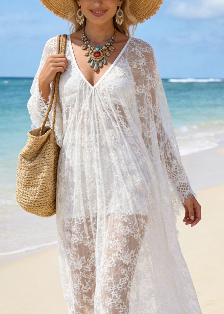 Sexy White V Neck Hollow Out Oversized Lace Vacation Dresses Summer - Omychic
