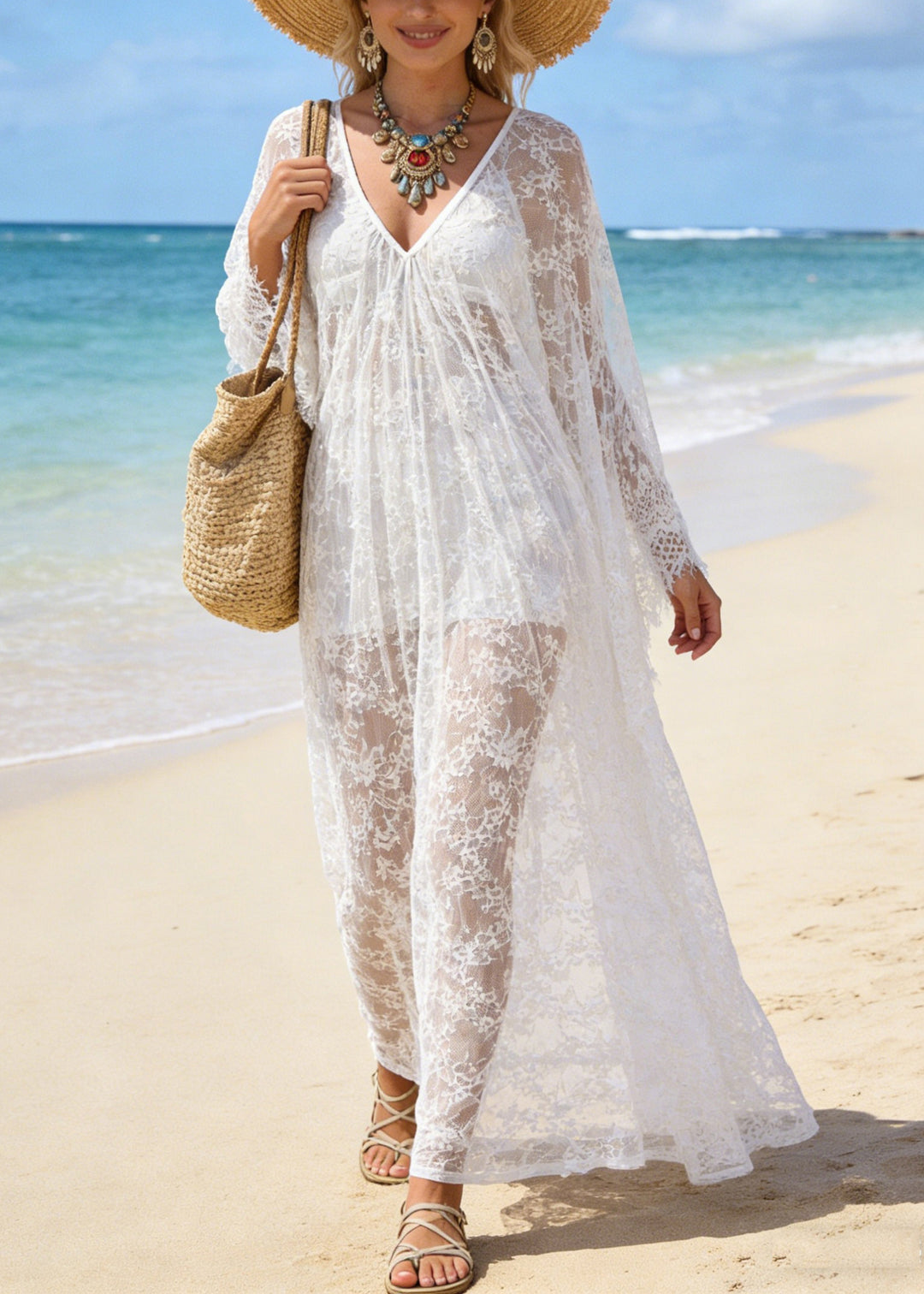 Sexy White V Neck Hollow Out Oversized Lace Vacation Dresses Summer - Omychic