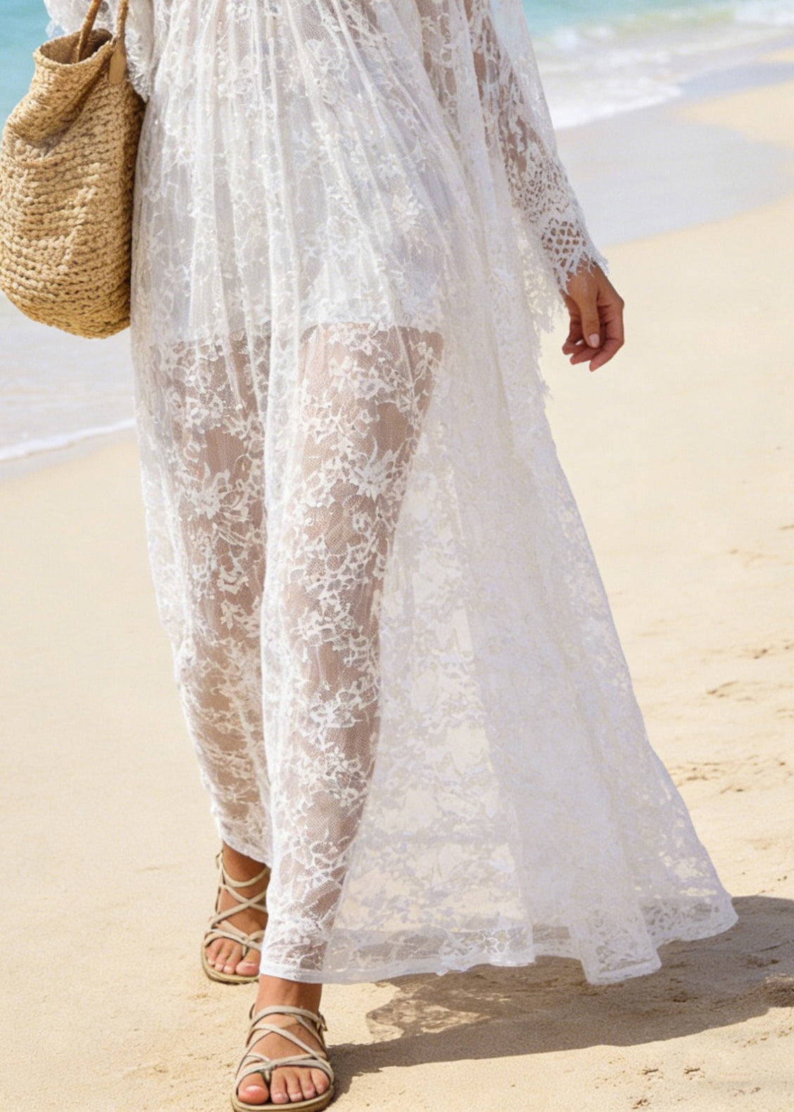 Sexy White V Neck Hollow Out Oversized Lace Vacation Dresses Summer - Omychic