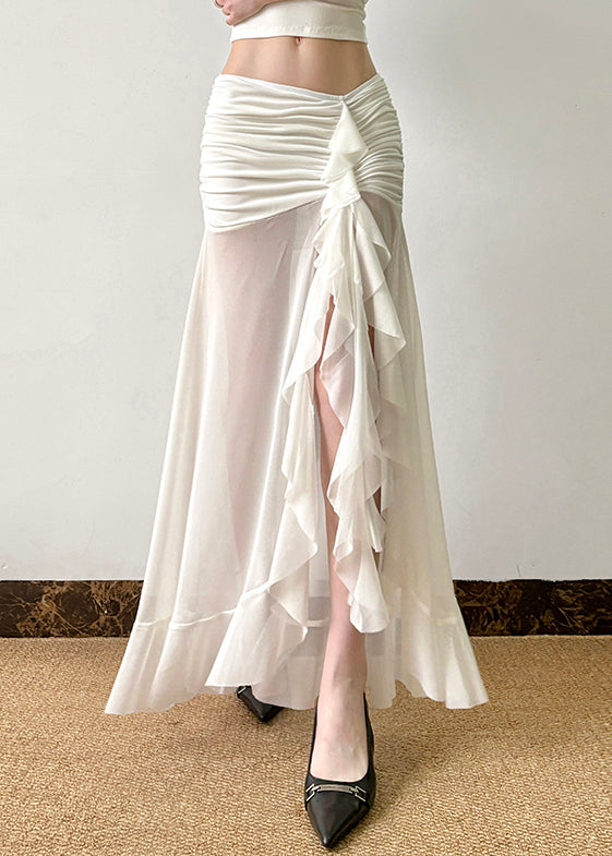 Sexy White Wrinkled Side Open Tulle Skirt Summer