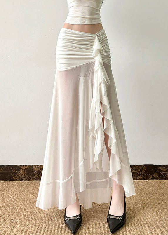 Sexy White Wrinkled Side Open Tulle Skirt Summer