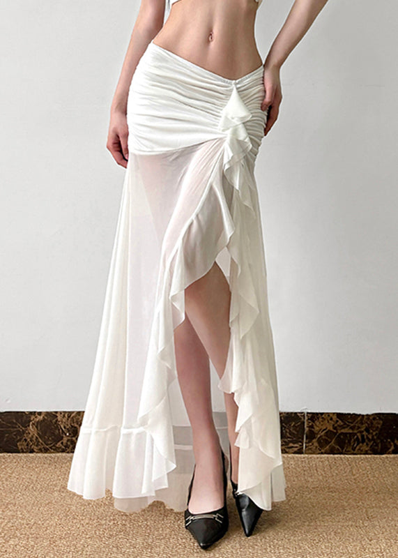 Sexy White Wrinkled Side Open Tulle Skirt Summer