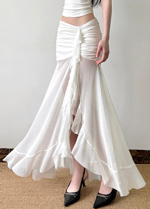 Sexy White Wrinkled Side Open Tulle Skirt Summer
