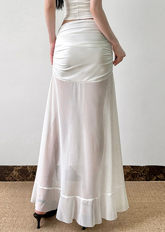 Sexy White Wrinkled Side Open Tulle Skirt Summer