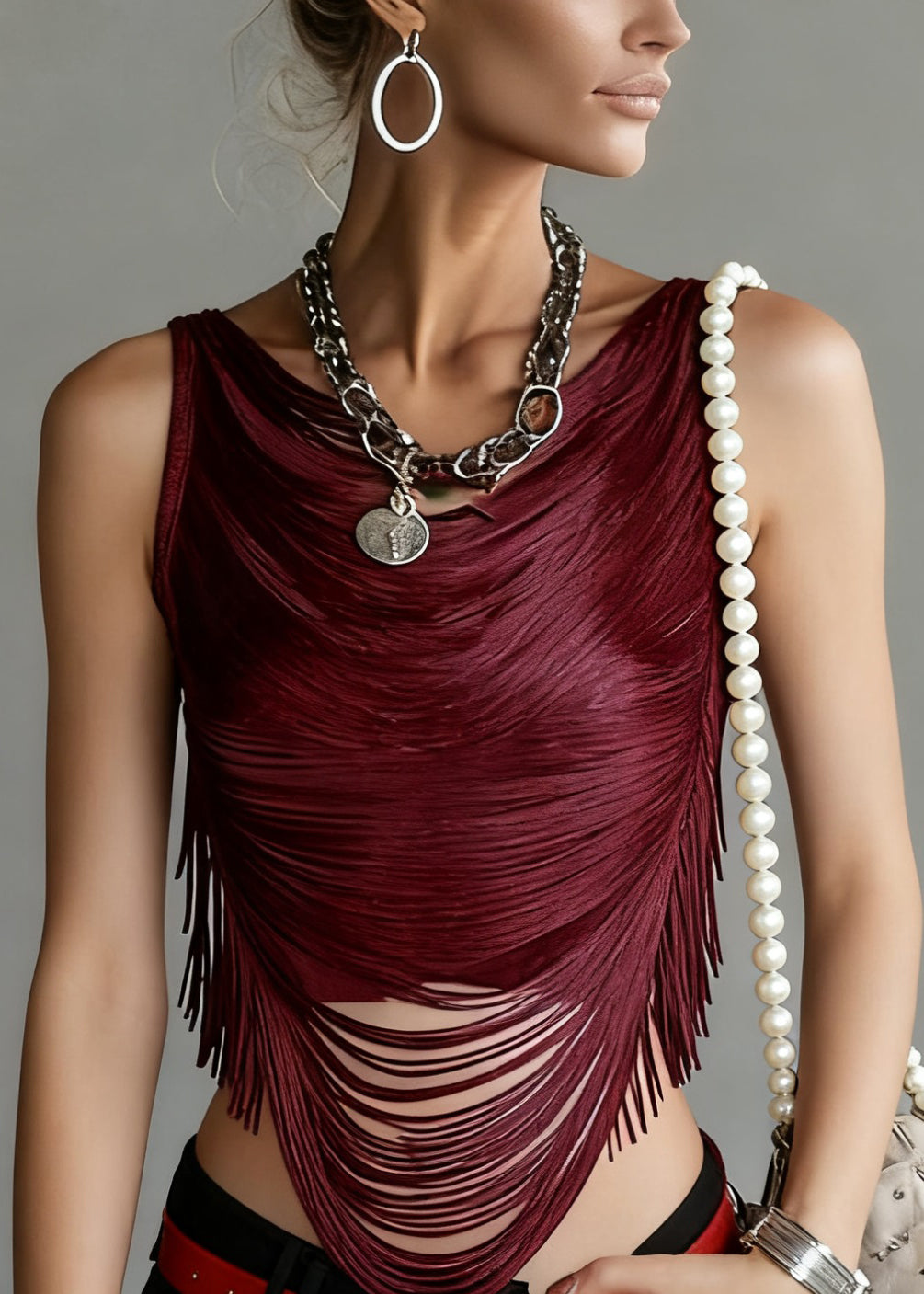 Sexy Wine Red Backless Tasseled Solid Tank Sleeveless