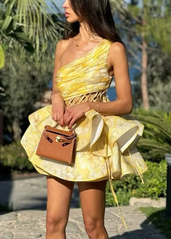 Sexy Yellow Asymmetrical Hollow Out Cotton Mini Dresses Sleeveless