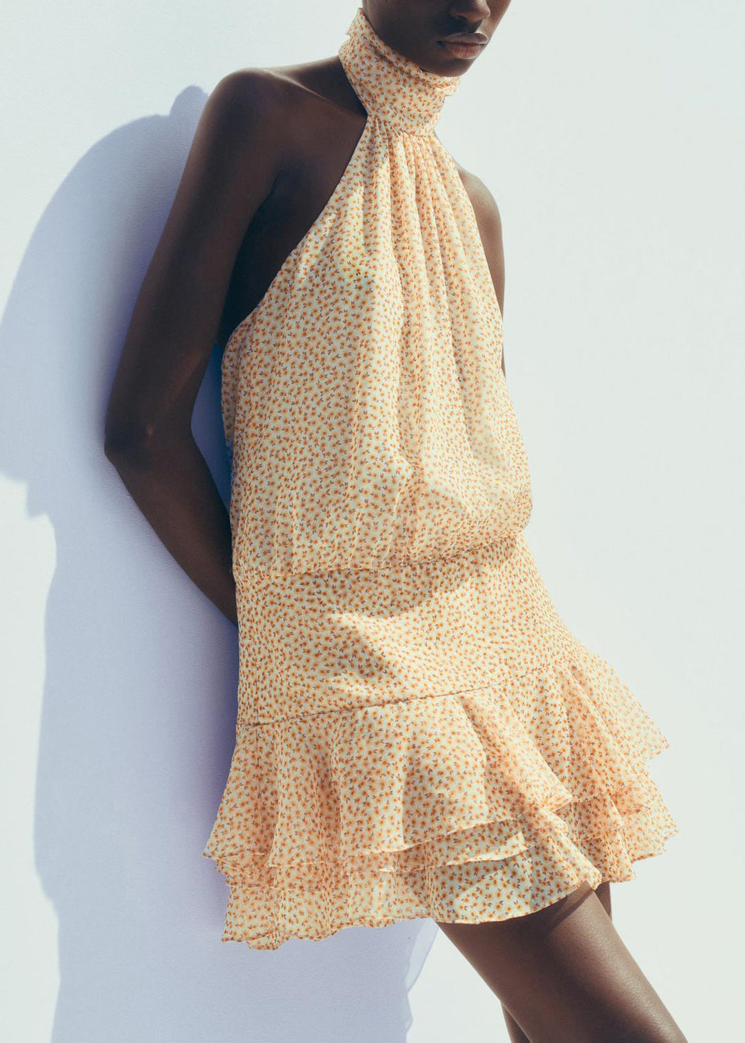 Sexy Yellow Backless Print Ruffled Chiffon Dresses Sleeveless