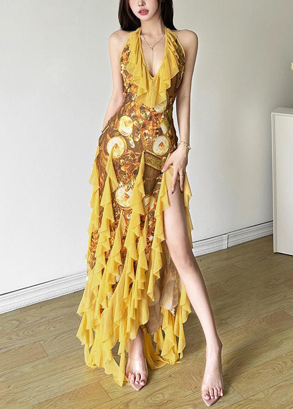 Sexy Yellow Ruffled Print Front Open Tulle Dress Sleeveless