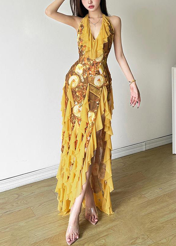 Sexy Yellow Ruffled Print Front Open Tulle Dress Sleeveless