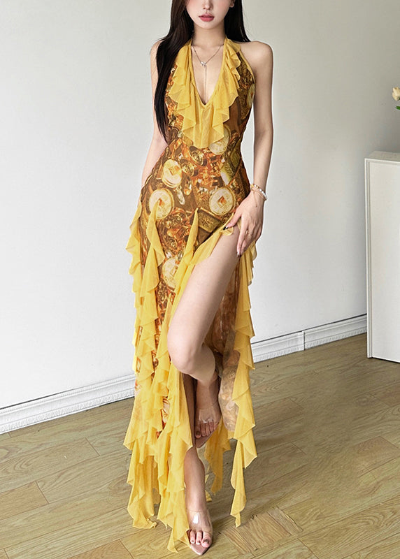 Sexy Yellow Ruffled Print Front Open Tulle Dress Sleeveless