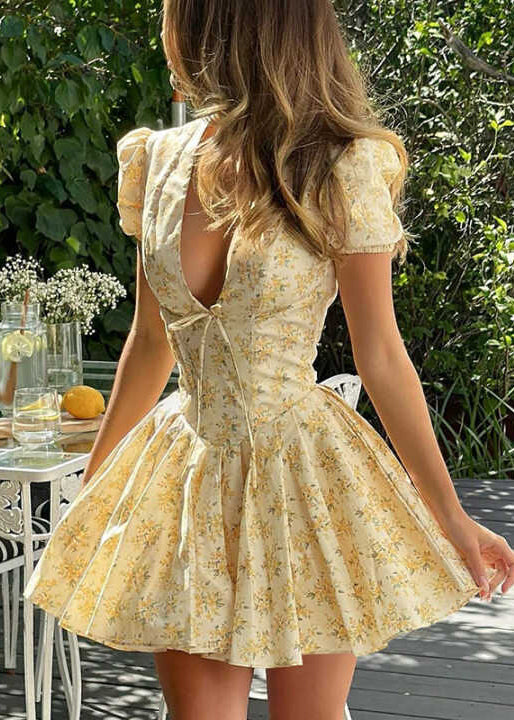 Sexy Yellow V Neck Print Cotton Mini Dress Summer