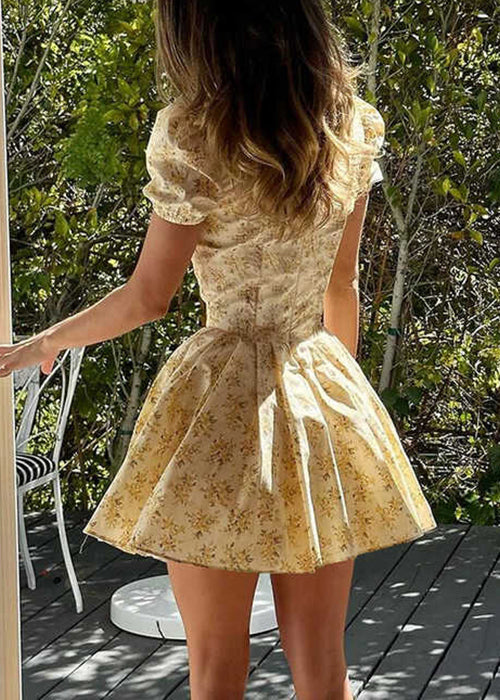 Sexy Yellow V Neck Print Cotton Mini Dress Summer