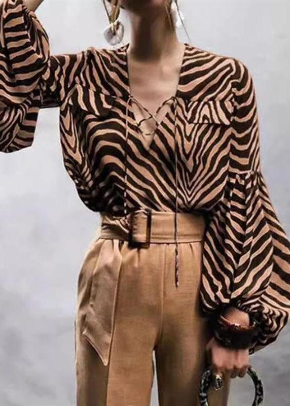 Sexy Zebra Print V-Neck Lace-Up Lantern Sleeve Shirt