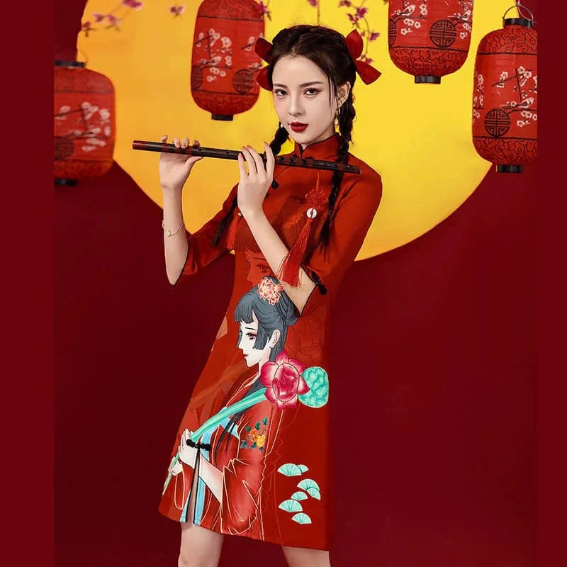 Ancient Flower Girl Print Cheongsam Dress Half Sleeve
