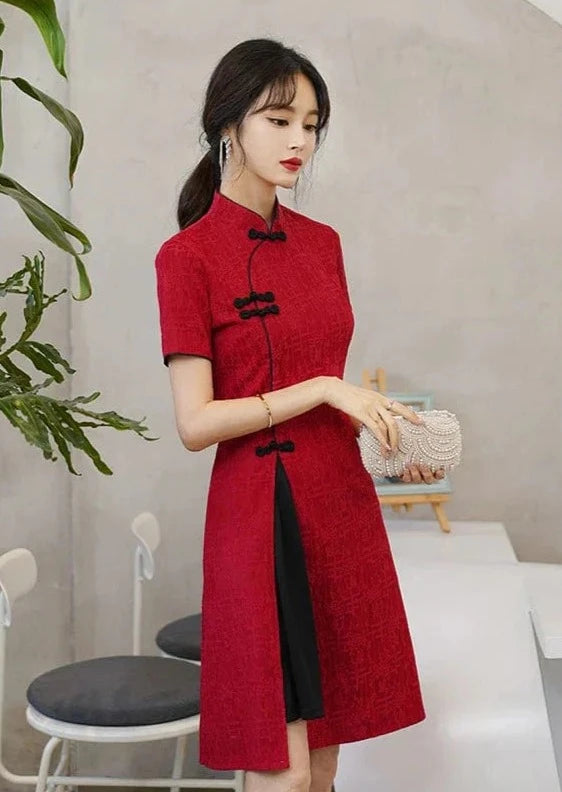Summer Basic Red-black Accent Cheongsam Dress