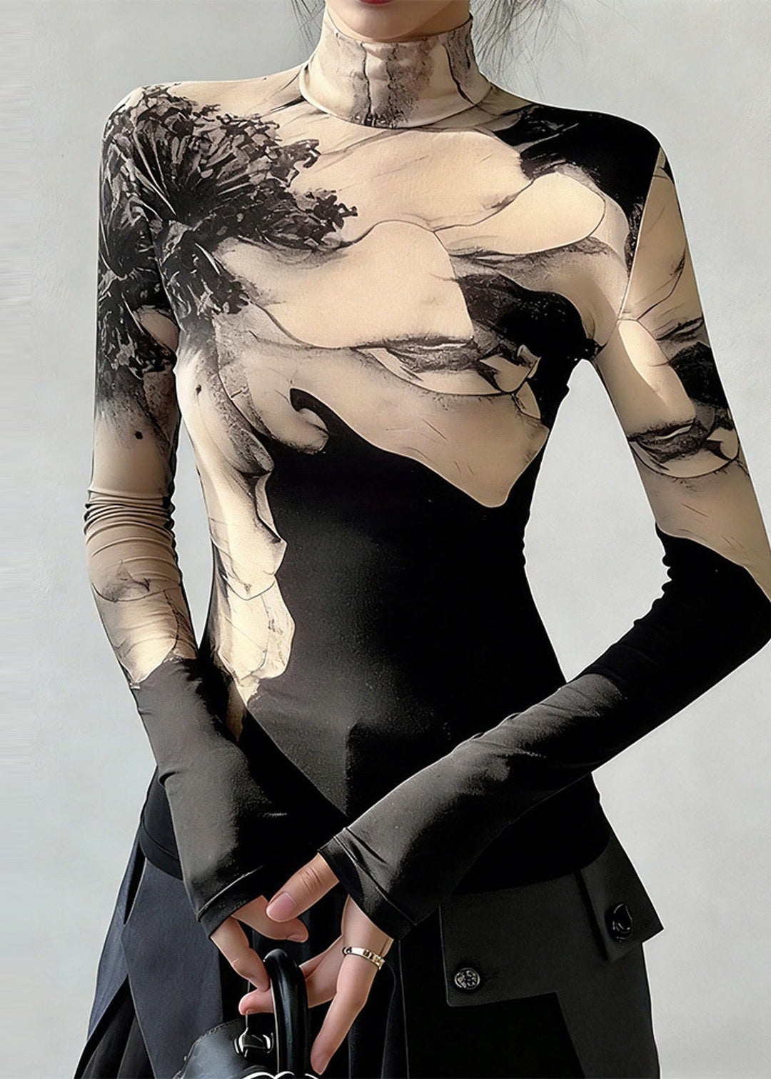 Silm Fit Apricot High Neck Print Cotton Shirts Spring