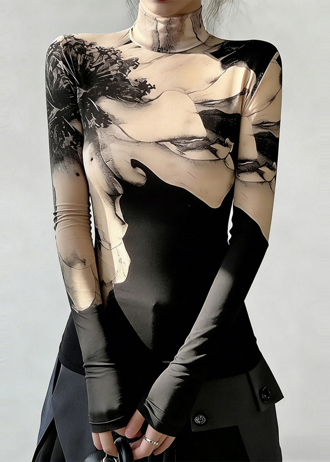 Silm Fit Apricot High Neck Print Cotton Shirts Spring