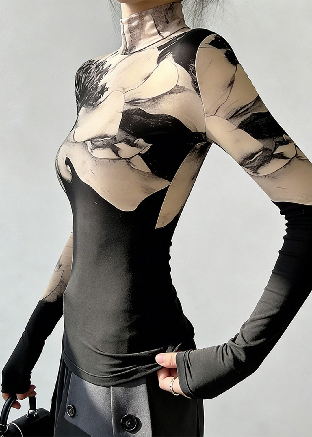 Silm Fit Apricot High Neck Print Cotton Shirts Spring