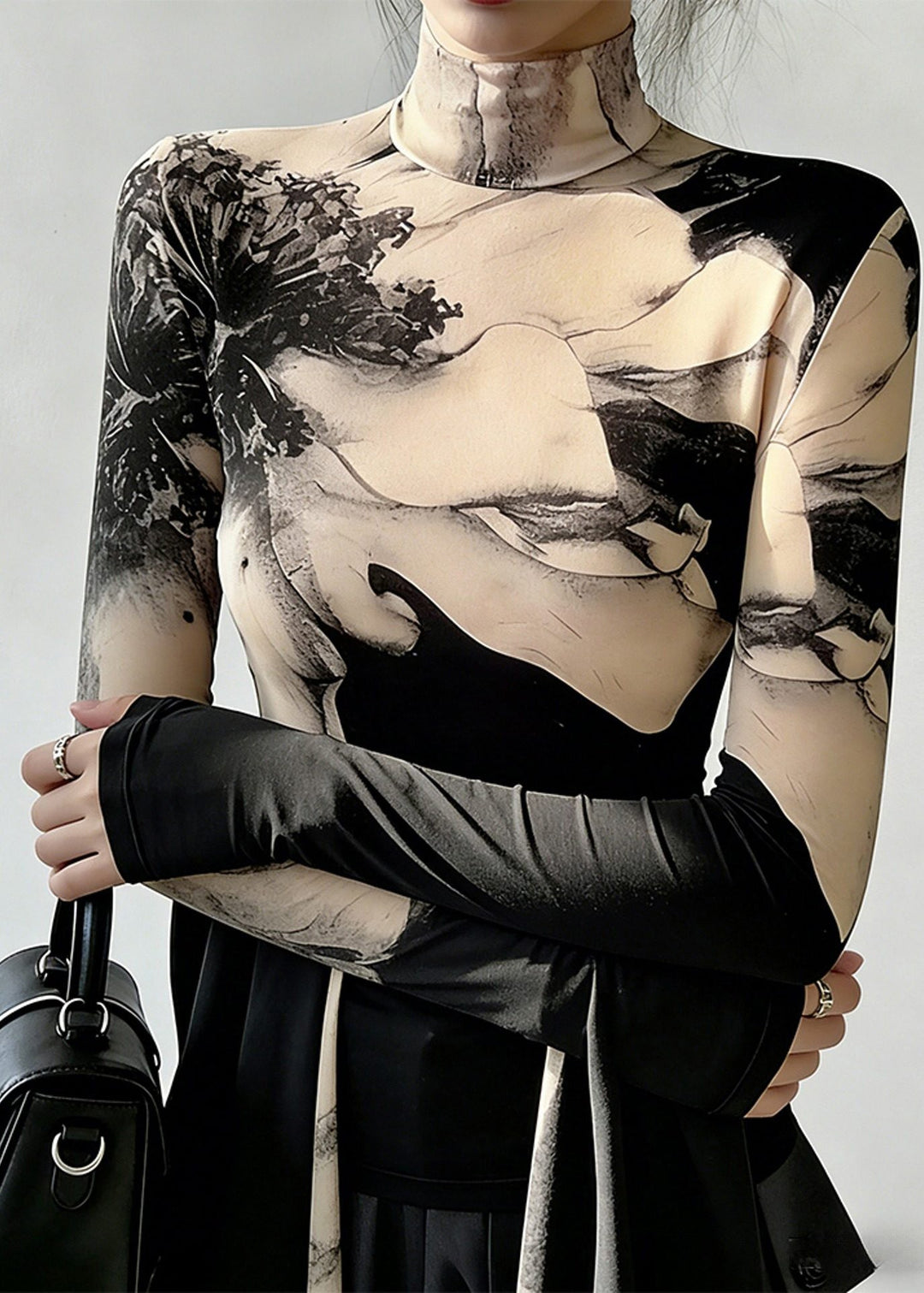 Silm Fit Apricot High Neck Print Cotton Shirts Spring