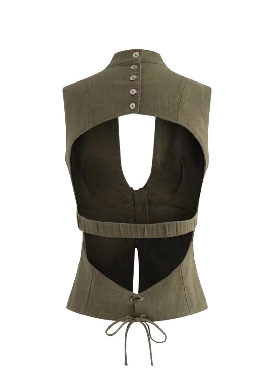 Silm Fit Army Green Backless Lace Up Vest Tops Summer