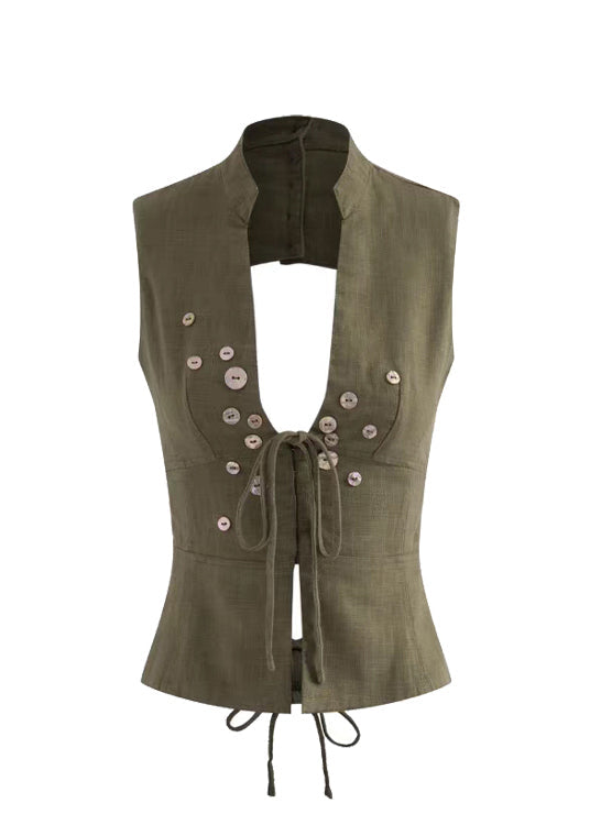 Silm Fit Army Green Backless Lace Up Vest Tops Summer