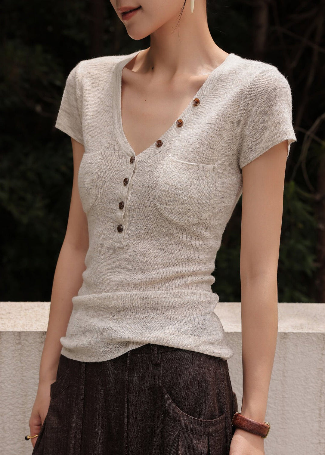 Silm Fit Beige V Neck Button Knit Tops Summer