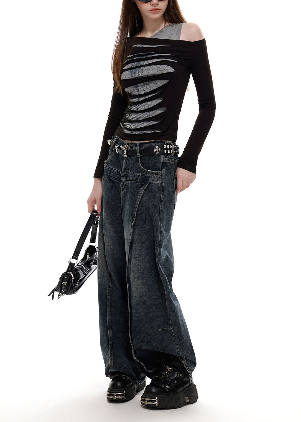 Silm Fit Black Asymmetrical Cotton Fake Two Piece Ripped Shirt Top Fall