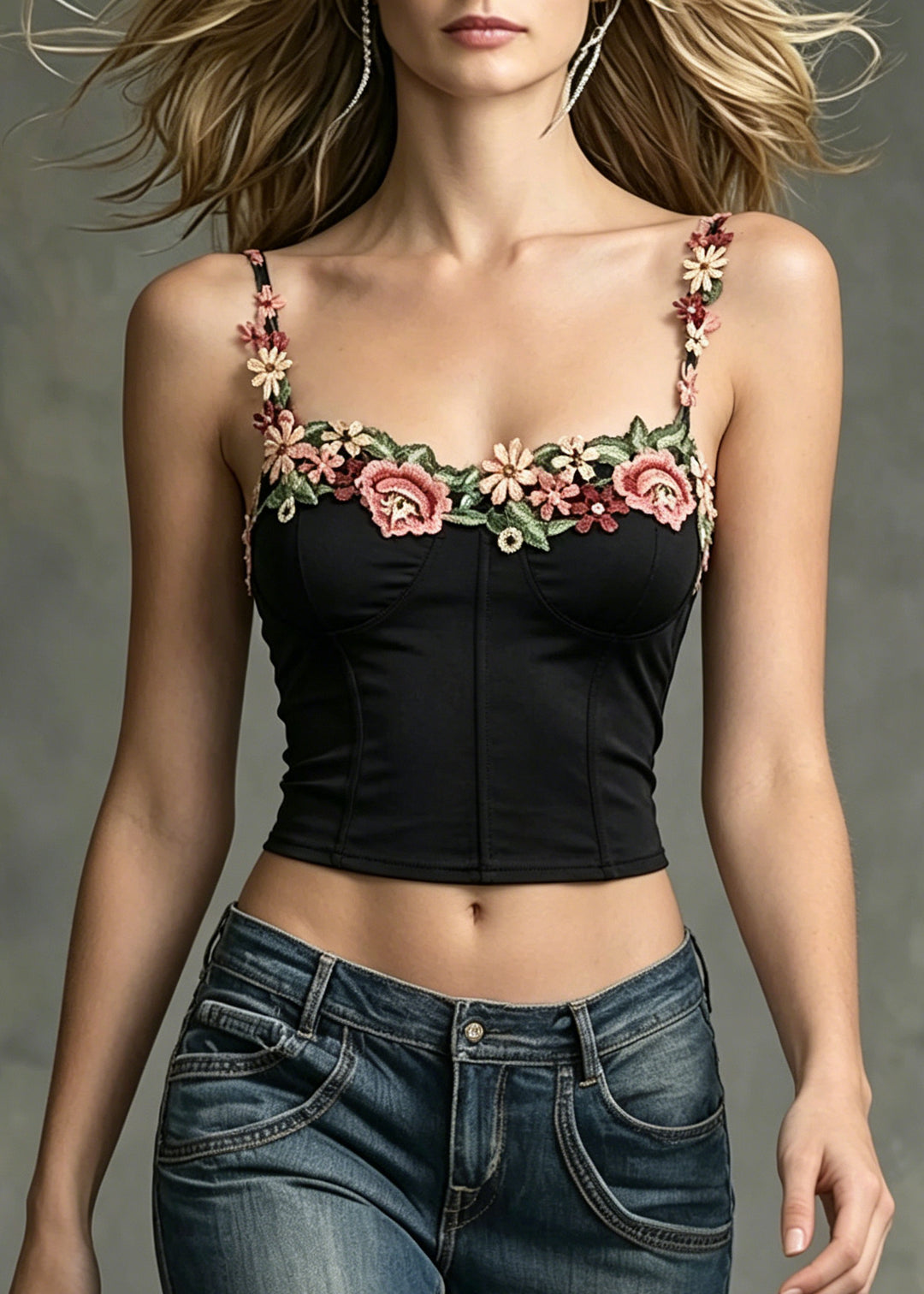 Silm Fit Black Embroideried Floral Cotton Vests Summer