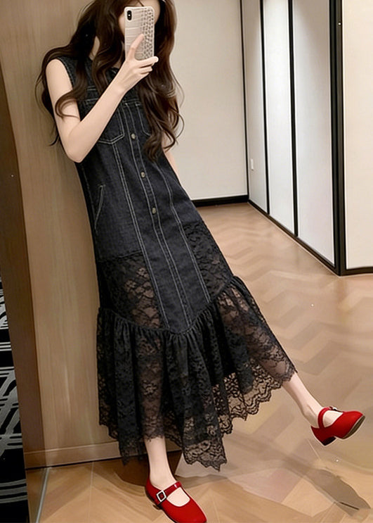 Silm Fit Black Lace Patchwork Denim Long Dresses Sleeveless