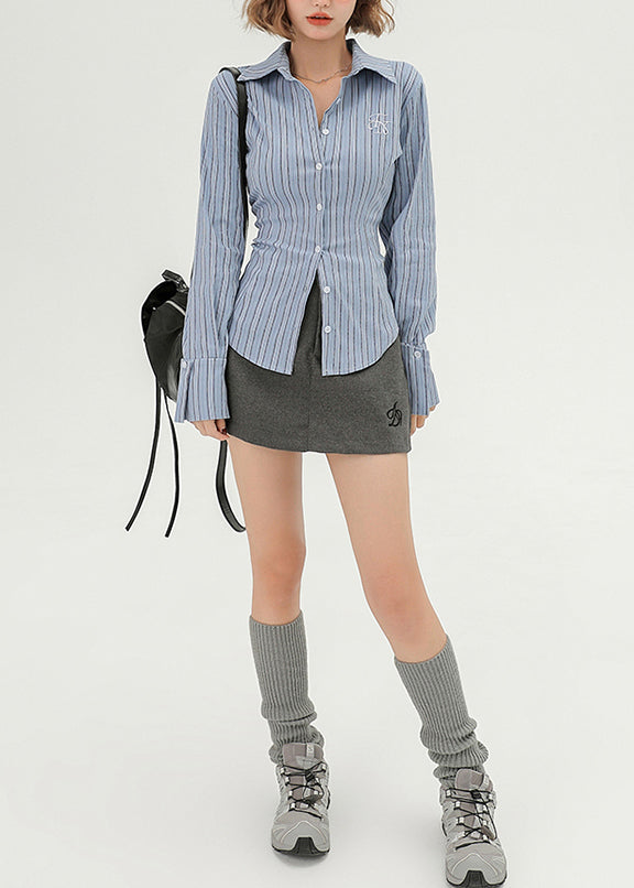 Silm Fit Blue Embroidered Striped Cotton Shirts Spring