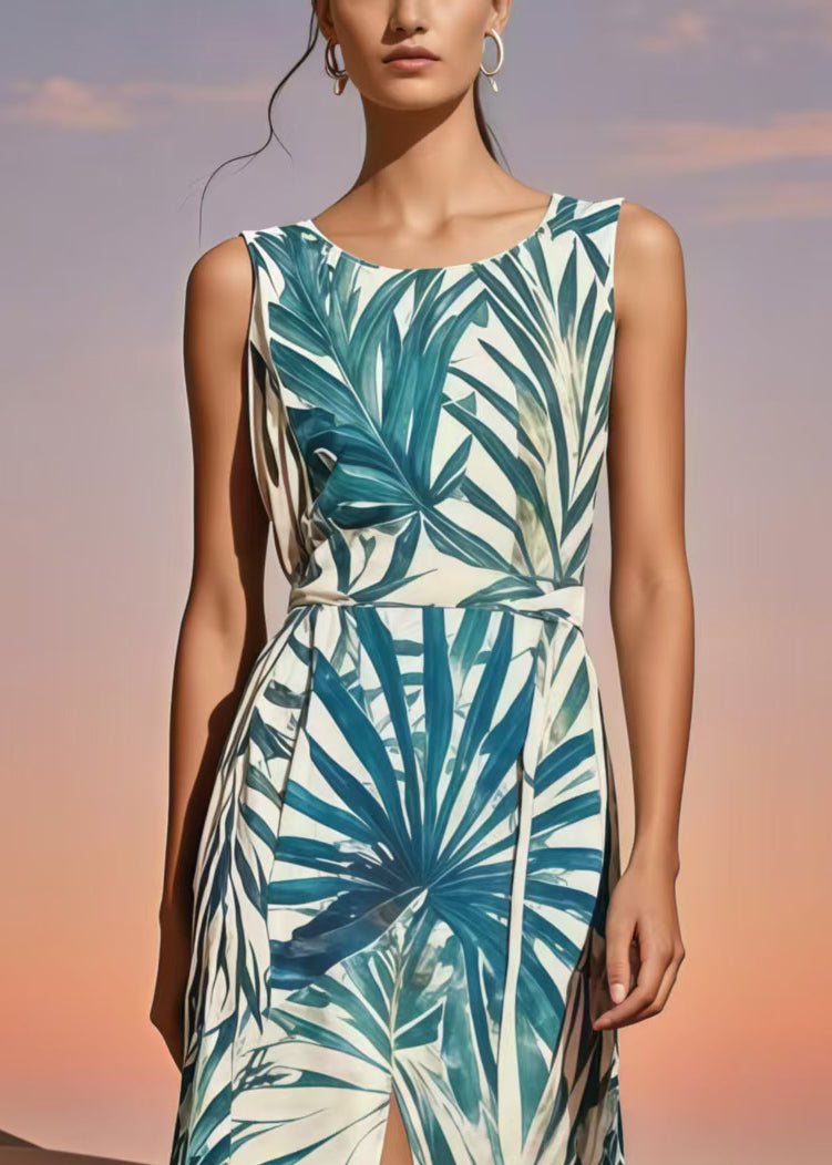 Silm Fit Blue Print Side Open Cotton Day Dress Summer