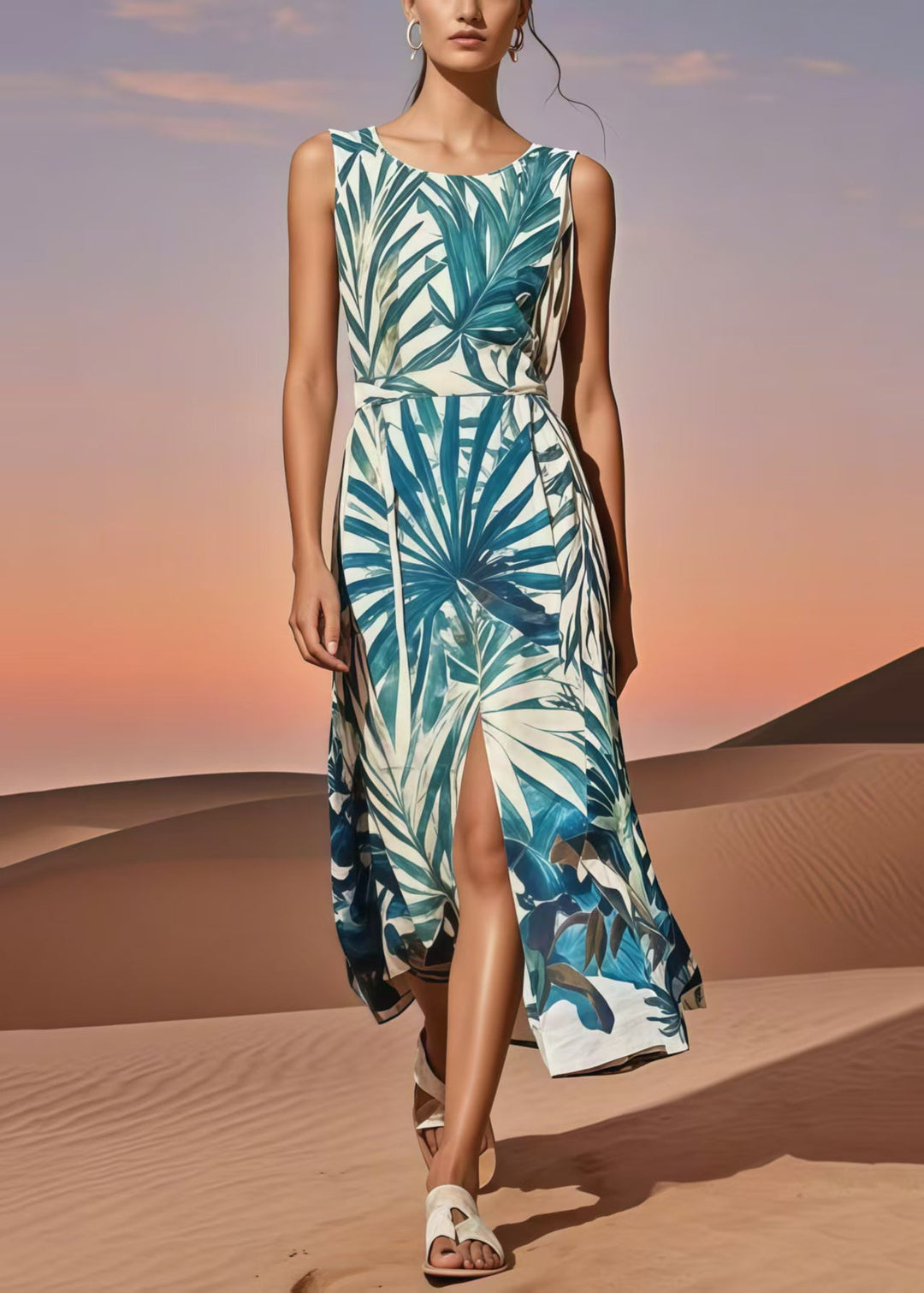 Silm Fit Blue Print Side Open Cotton Day Dress Summer